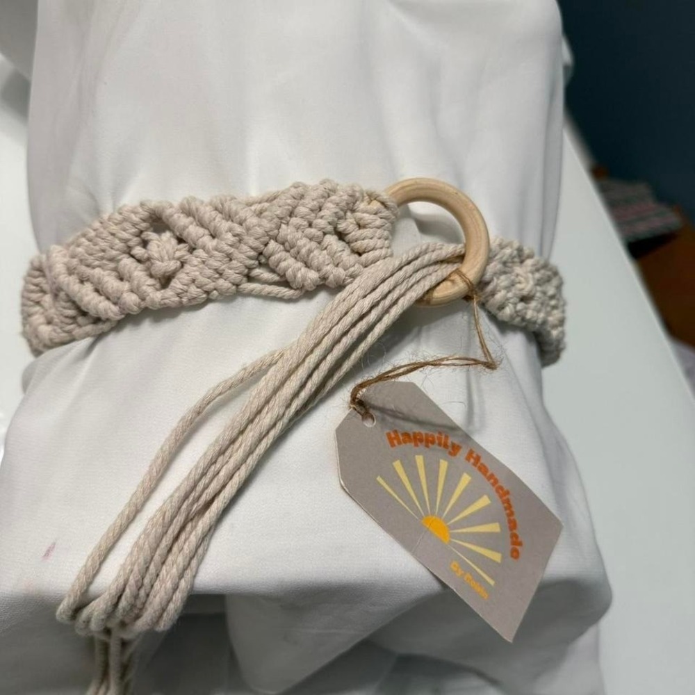 Handmade Macramé Boho Belt – Natural Cotton Rope, Wooden‎ Ring Closure